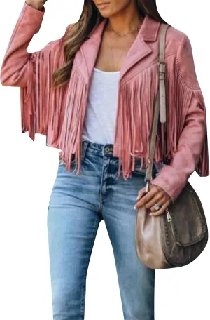 YMING Womens Faux Suede Tassel Cropped Jacket Long Sleeve Fringe Coat Vintage Motorcycle Jackets