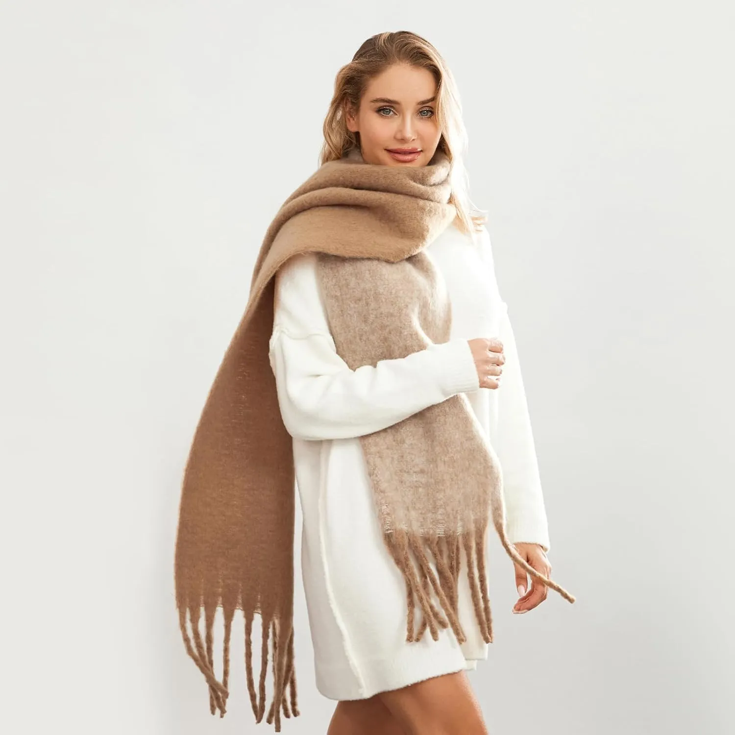 Yoawdats Women Winter Warm Scarf Elegant Contrast Color Tasseled Shawl Wrap Long Stoles Oversized Soft Scarves Fall Gifts