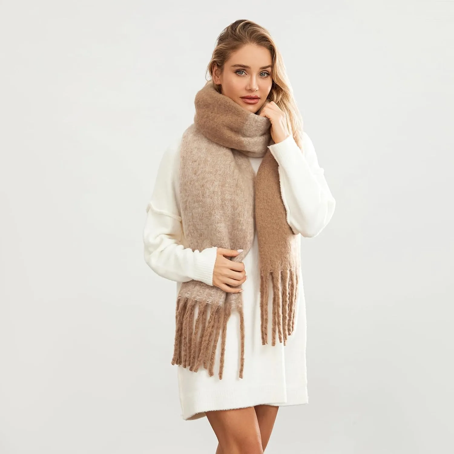 Yoawdats Women Winter Warm Scarf Elegant Contrast Color Tasseled Shawl Wrap Long Stoles Oversized Soft Scarves Fall Gifts