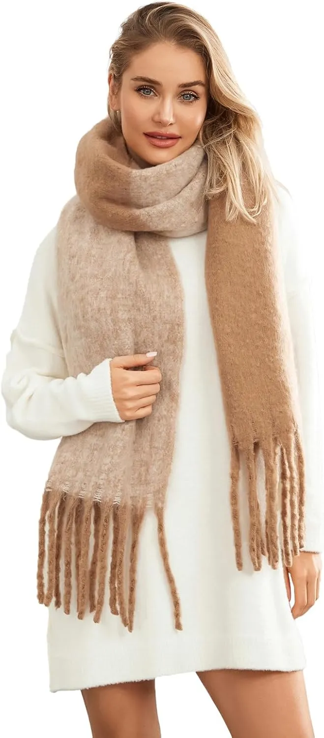 Yoawdats Women Winter Warm Scarf Elegant Contrast Color Tasseled Shawl Wrap Long Stoles Oversized Soft Scarves Fall Gifts
