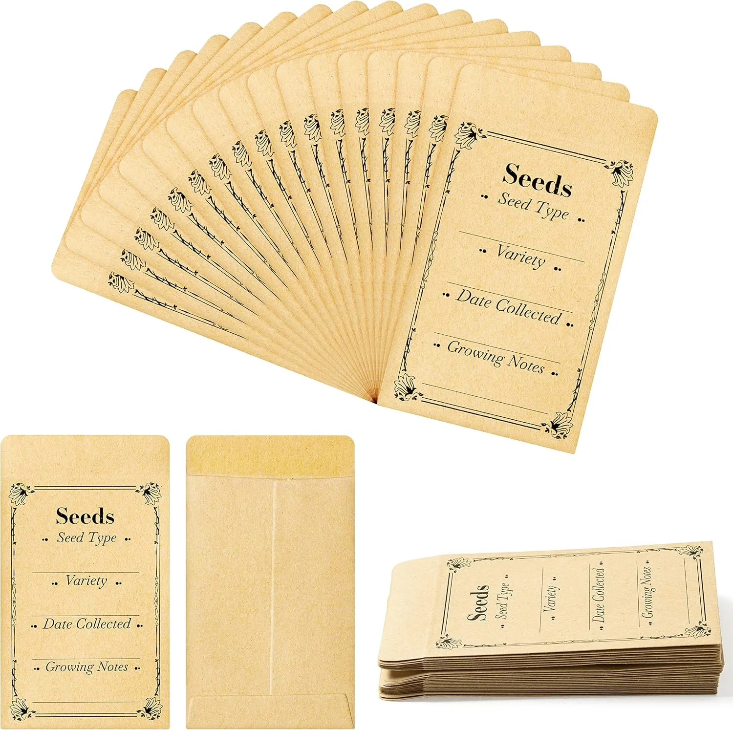 Yopyame 200Pcs Seed Saving Envelopes Resealable Small Brown Self Adhesive Kraft Paper Seed Packet Envelopes with Preprinted Seed Collecting Template for Collection of Vegetable Flower Seeds Storage