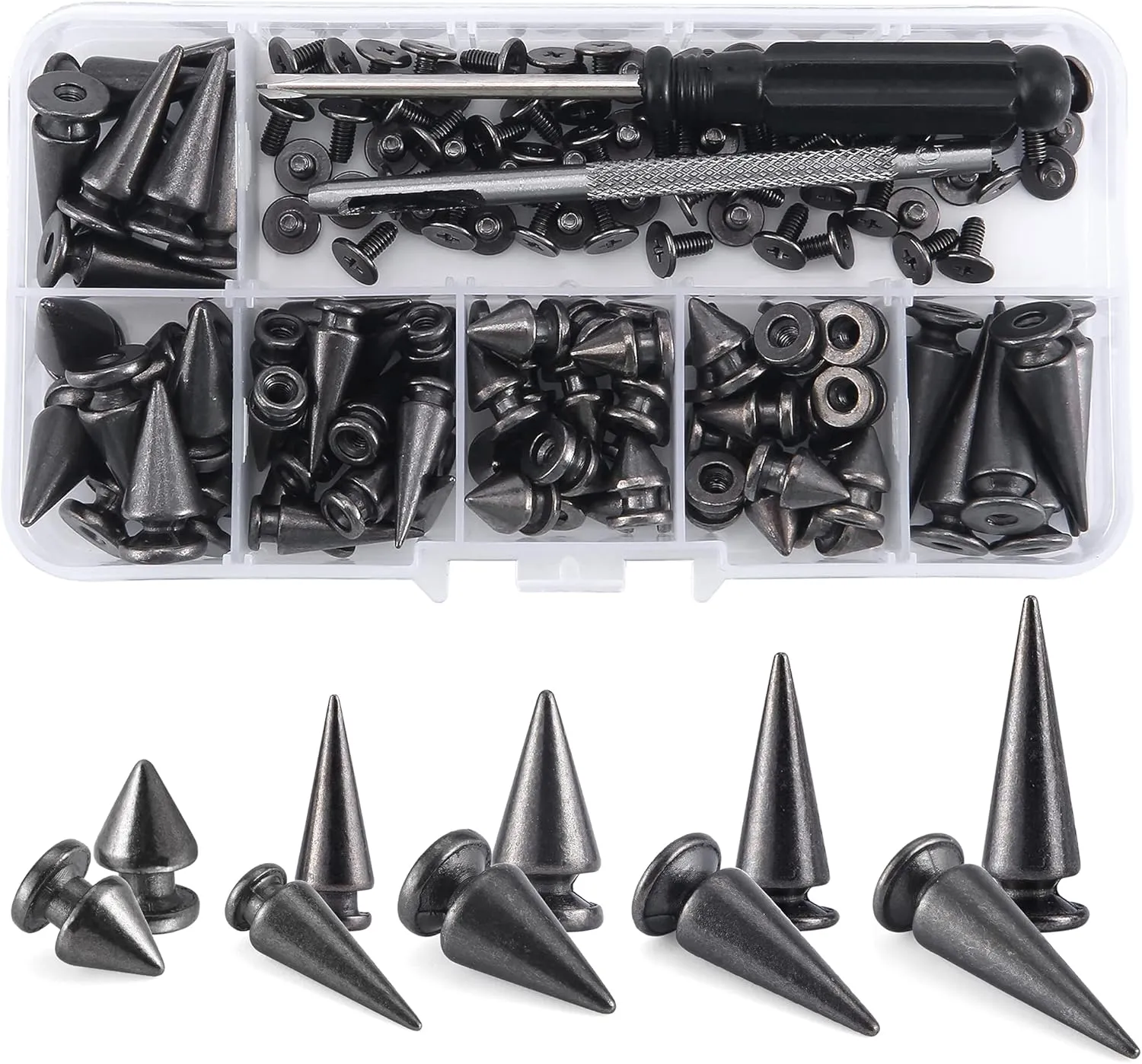 YORANYO 70 Sets Mixed Shape Spikes and Studs Assorted Sizes Spike Studs for Clothing Gun Metal Screw Back Bullet Tree Studs and Spikes Rivet for Leather Craft Clothing Shoes Belts Bags Dog Collars