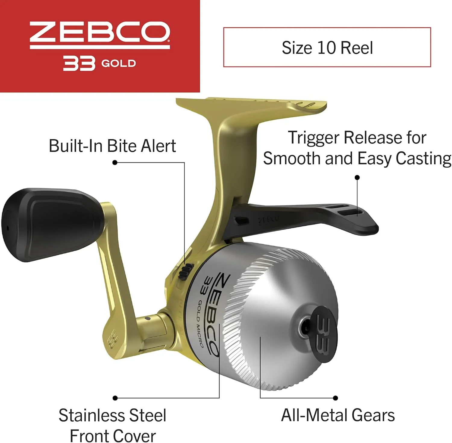 Zebco 33 Gold Spincast Fishing Reel, Changeable Right or Left-Hand Retrieve, All-Metal Gears, Pre-Spooled with Zebco Cajun Fishing Line, Silver/Gold