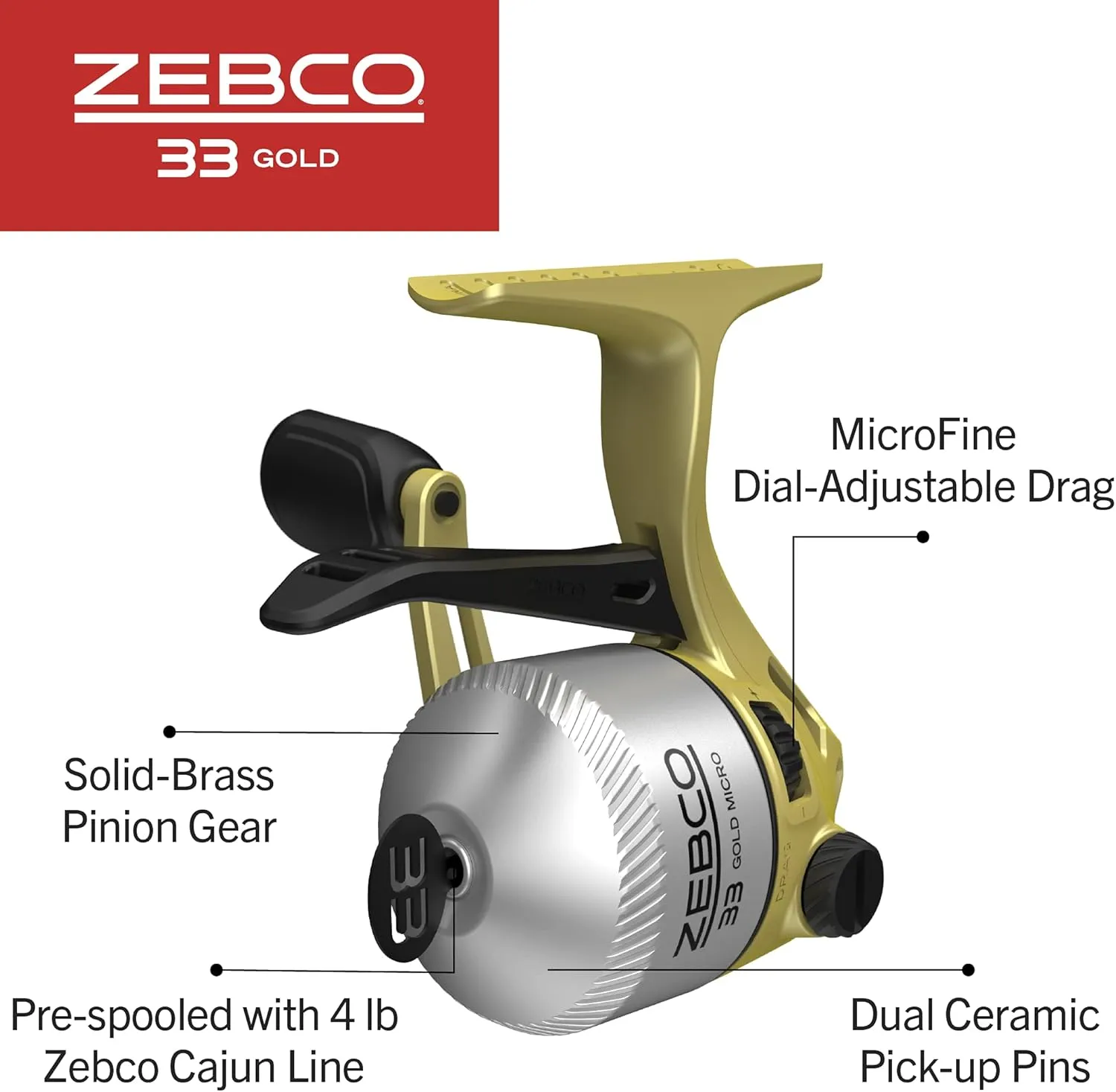 Zebco 33 Gold Spincast Fishing Reel, Changeable Right or Left-Hand Retrieve, All-Metal Gears, Pre-Spooled with Zebco Cajun Fishing Line, Silver/Gold