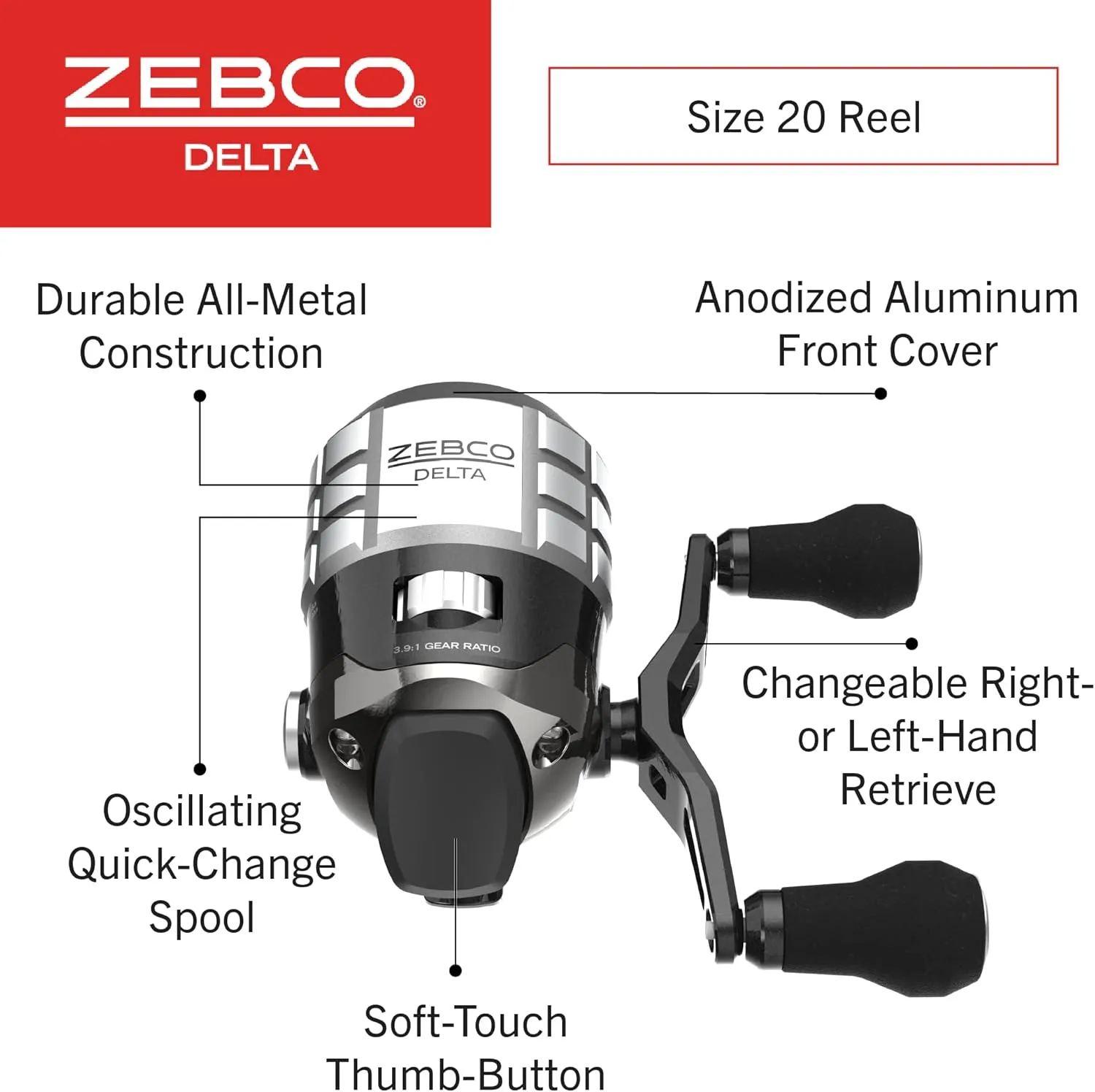 Zebco Delta Spincast Fishing Reel, Instant Anti-Reverse Clutch, All-Metal Gears, Changeable Right- or Left-Hand Retrieve