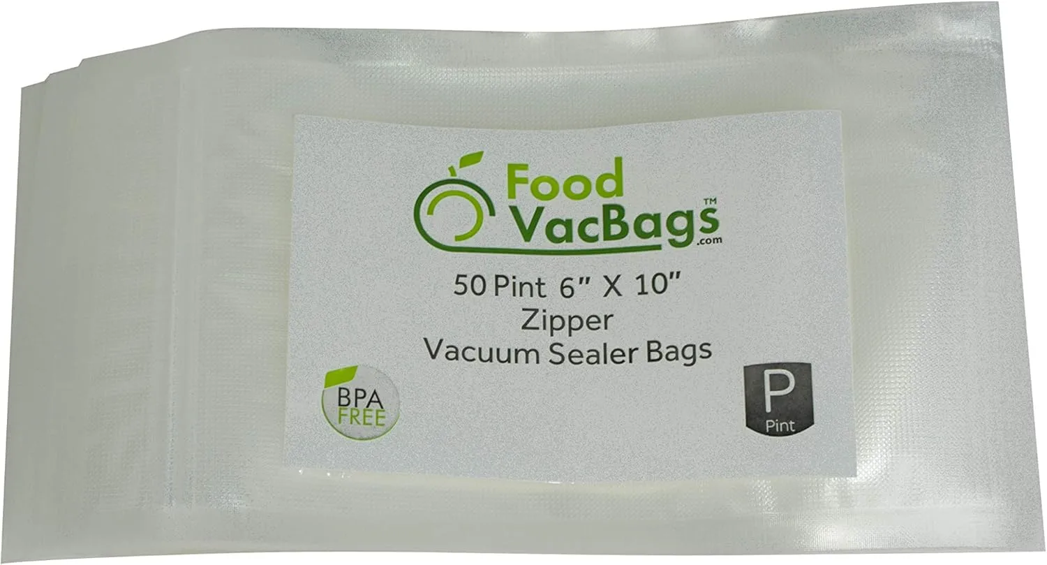 Zipper Vacuum Seal Bags (50 count), FoodVacBags compatible with Weston®, Foodsaver®, Heavy-duty Commercial Storage, Clear (Pint 6" X 10)